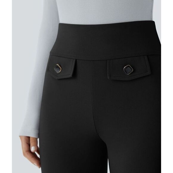 Halara Flex High Waisted Decorative Button Back Pocket Slight Flare Work Pants S - Picture 4 of 13